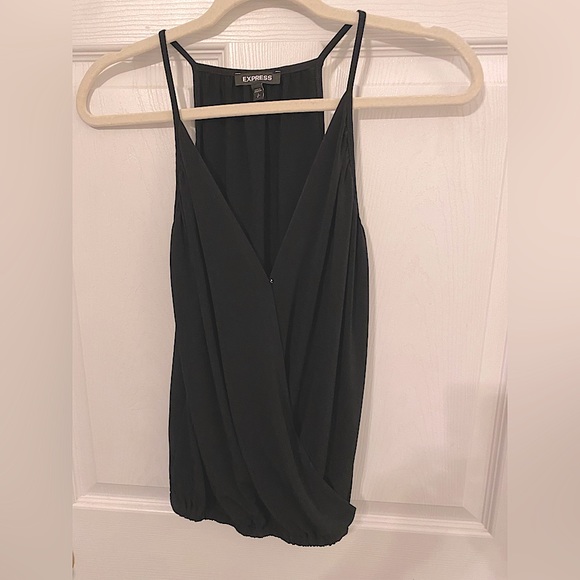Express Tops - Black, sleeveless spaghetti strap top. Crosses, appears layered in the front.